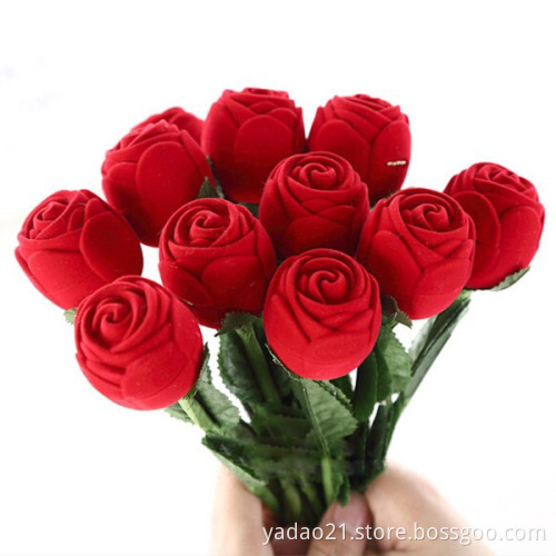 Lowest price customized red rose flower shape flocking velvet fabric ring box for jewelry diamond ring boxes